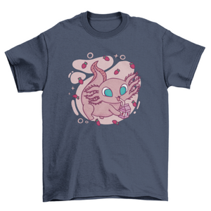 Cute axolotl drinking milk t-shirt axolotl shirt Turquoise Theseus